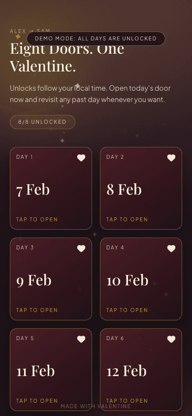 The real Countdown screen with its eight unlockable doors