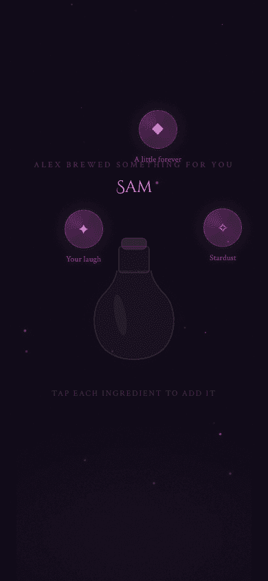 The real Love Potion screen with three ingredients and a bottle